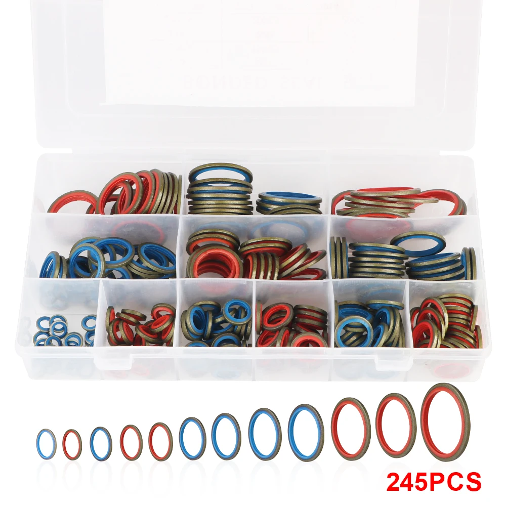 245PCS 6-30mm High Press Hydralic Seal Ring Assortment Kits NBR Metal Rubber Oil Pipe Seal Gasket Multi-purpose