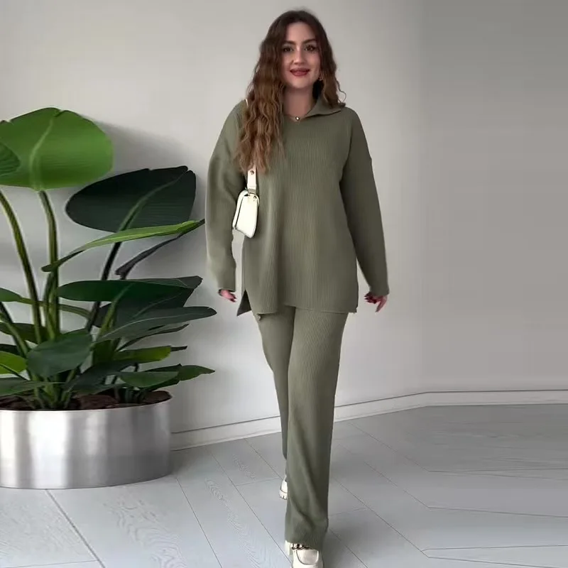 طقم نسائي محبوك من قطعتين بلون موحد وتصميم فضفاض، بلوزة أنيقة وبنطلون بخصر مطاطي، بدلة محبوكة للنساء لفصلي الخريف والشتاء