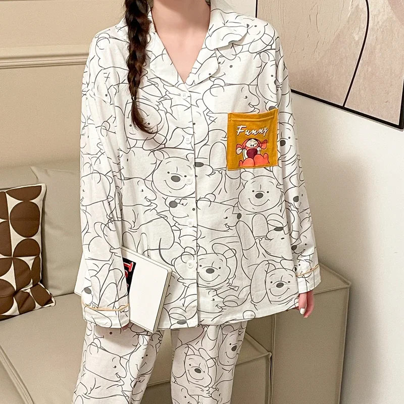 Winnie the Pooh cotton new pajamas autumn long-sleeved trousers two-piece set silk pajamas women\'s loungewear women\'s pajamas