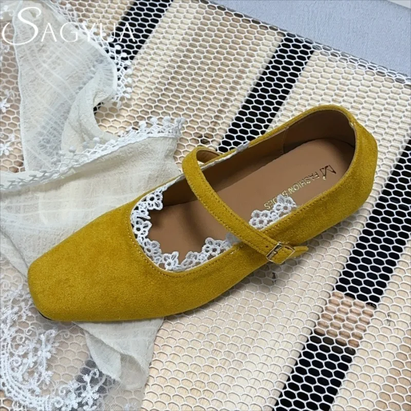 

Lace Flats Ballet Marie Janes Shoes Women Square Toe Sandals 2025 Trend Summer Shallow Loafers Suede Shoes Elegant Dress Mujer