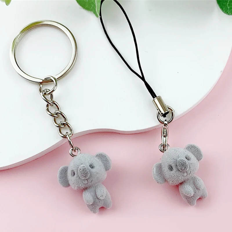 1PC การ์ตูน 3D Flocking Koala จี้สัตว์น่ารัก Lanyard พวงกุญแจกระเป๋า Charms กระเป๋าเป้สะพายหลังแขวนตกแต่งรถ Key Holder