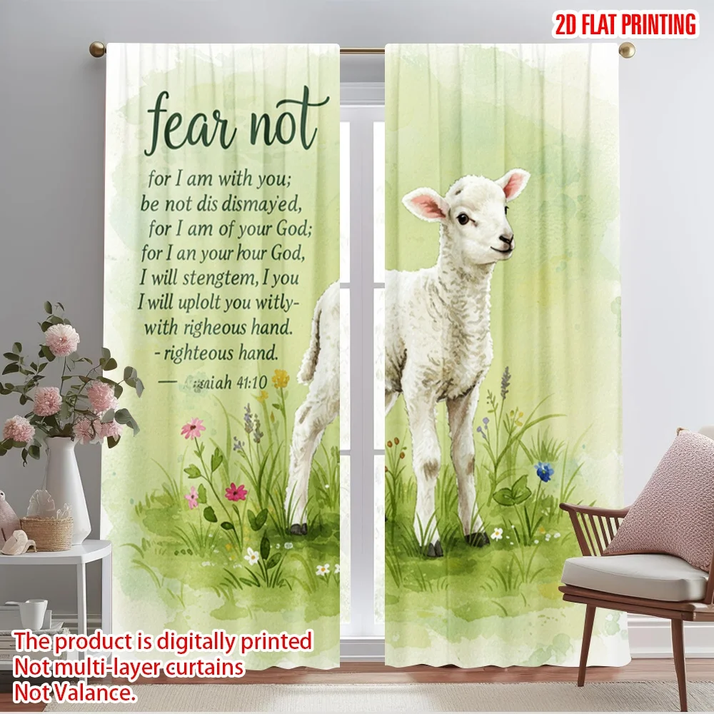

2pcs 2D flat printing Window Curtains Lamb Fear Not Comfort Polyester Without Electricity Holiday Decorations Use for Photo