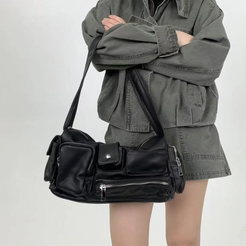 

Y2k Hobo For Women Shoulder Crossbody Bag Vintage Washed Leather Motorcycle Bag Large Capacity Multi Pocket Zipper Underarm Bag