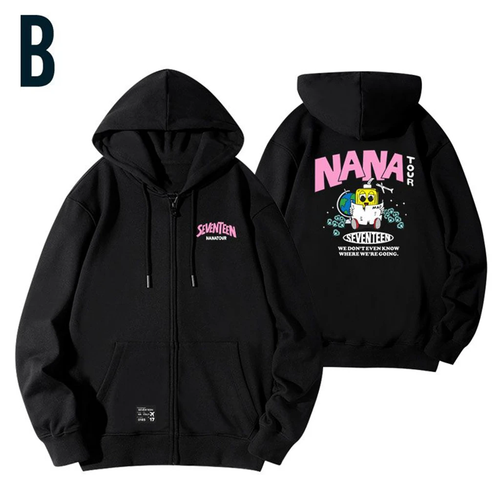 Kpop Letter NANA TOUR Printed Hip Hop Zipper Hoodie Women's Autumn Cotton Sweatshirt Harajuku Men Women Y2K Casual Black Jacket