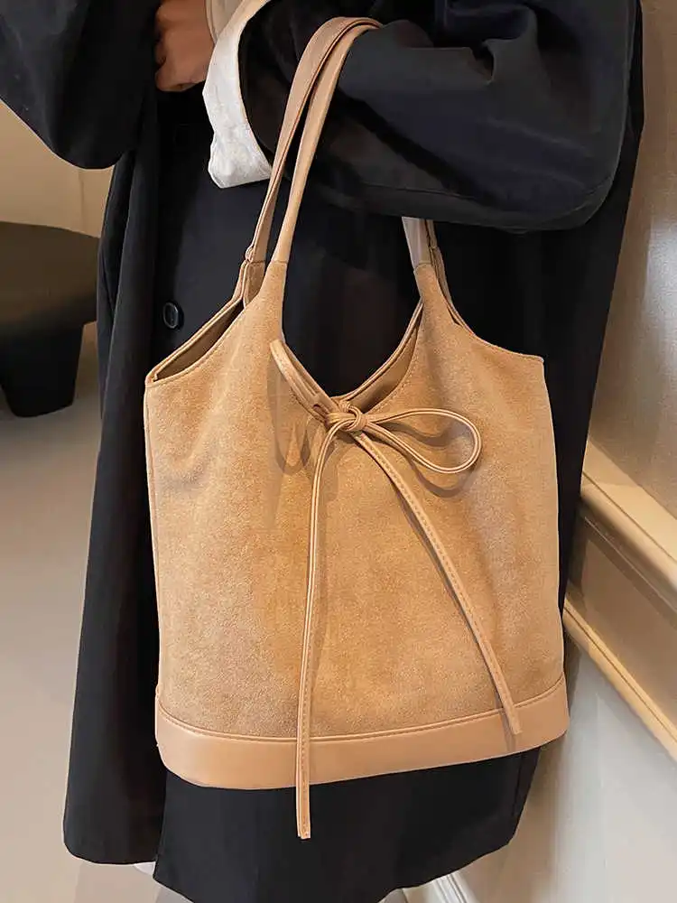 Chic PU Suede Patchwork Tote bags Women Autumn New Bow Lace-up Large Capacity One Shoulder Underarm Bags Elegant Commute Handbag