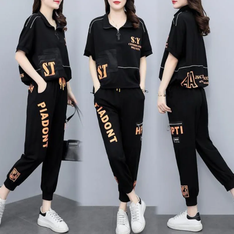 Damski strój sportowy 2024 Summer New Fashion Korean Style Loose Splicing Short Sleeve Tops Pencil Pants 2-częściowy zestaw dla kobiet