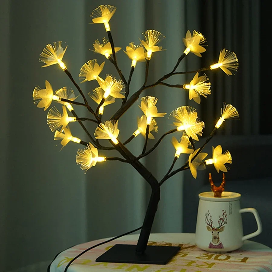 Luz LED de árbol de flores de fibra óptica, 60CM, 24 luces LED alimentadas por USB, lámpara de árbol de espíritu, luz de árbol bonsái para decoración de mesita de noche de escritorio