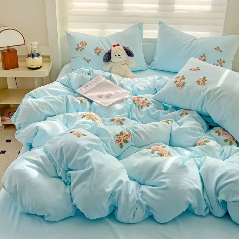 

Ins Style Minimalist Washed Cotton Bedding Set, Towel Embroidery Duvet Cover, Sheet/Fitted Sheet Option, All Season Use