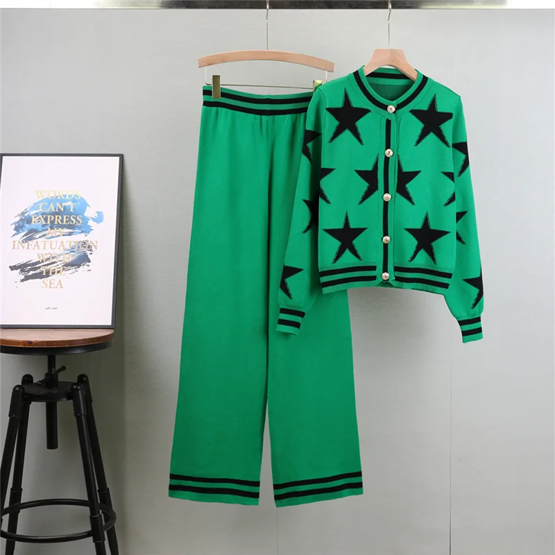 Korean Autumn Knitted Pants 2 Piece Set Fashion Long Sleeve O Neck Short Cardigan Casual Elegantes Wide Leg Pantalones Outfits