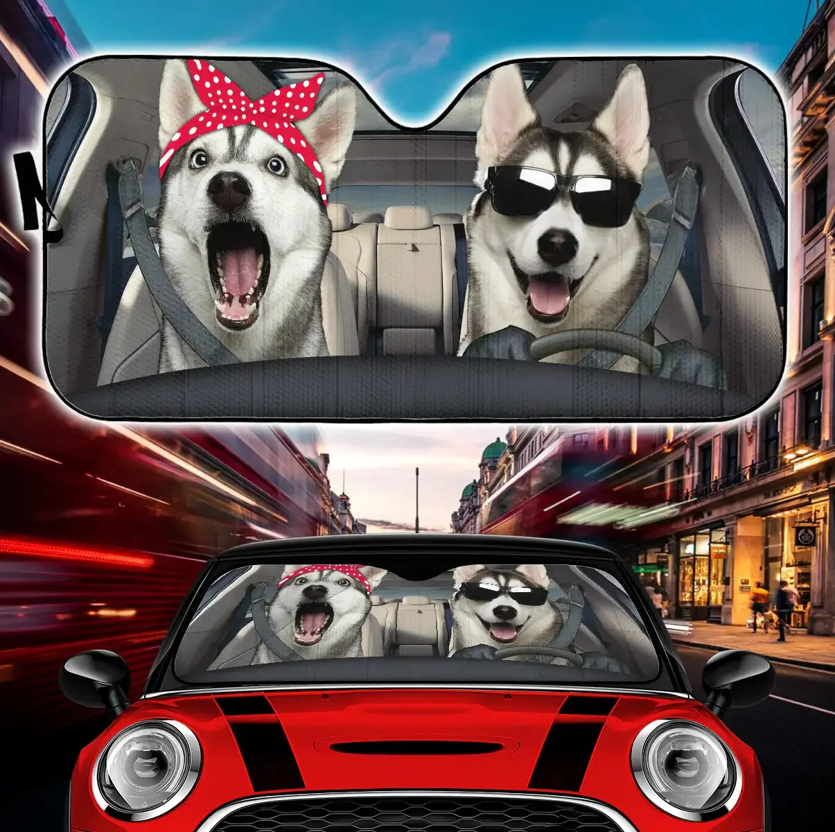 Lustige Husky Paar Auto Auto Sonnenschirme Tier Hund Fahrer Auto Windschutz scheibe Sonnenschutz Autozubehör