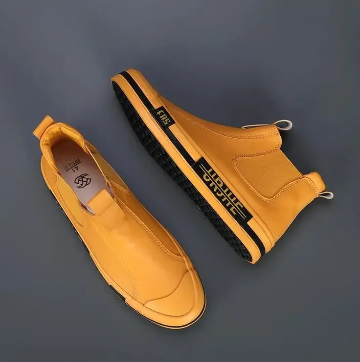 New Spring Leather Casual Sneakers Men Fashion Yellow Mens High Top Shoes Leather Moccasins Comfortable Loafers Shoes For Men