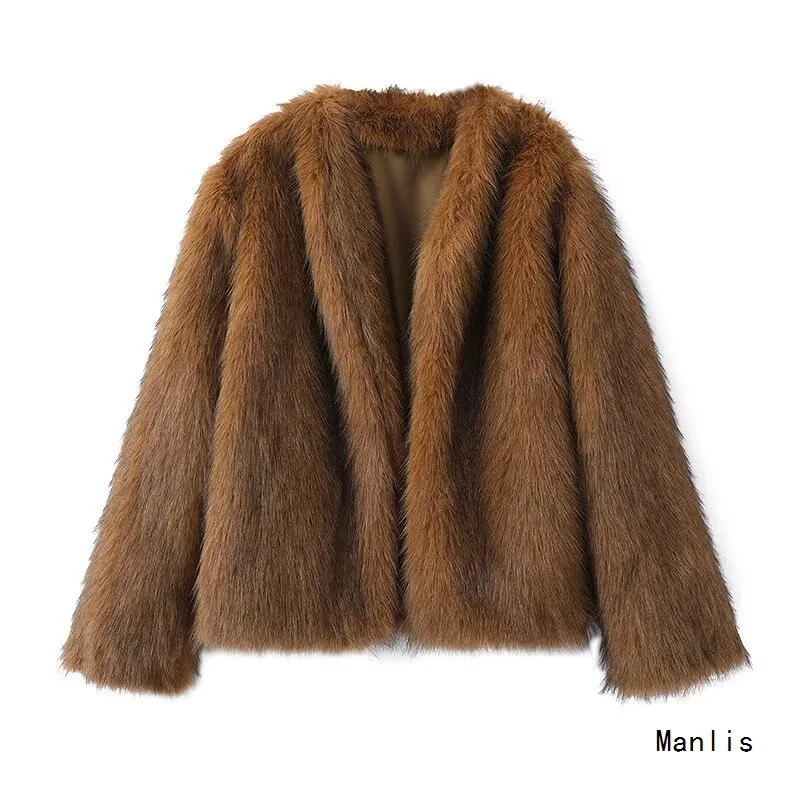 

2026 Spring New Fashion Elegant Desin Brown Faux Fur Leather Short Jacket Women Coat Winter Thick Warm