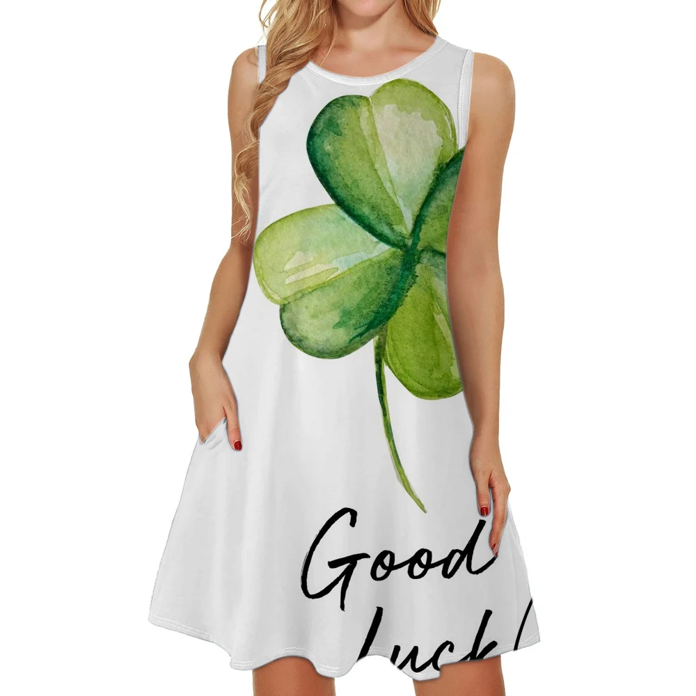 Fashion Basic Crew Neck Dresses Vestidos T shirt Sleevesless Regular Fit Spring Summer 3D Print Clover St.Patrick's Day Holiday