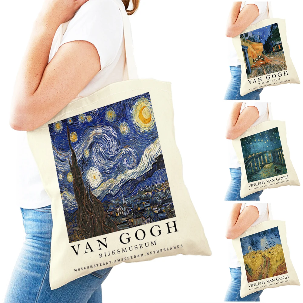 Bolso de compras de Van Gogh Starry ky Lady para mujer, bolsa de compras informal con doble estampado abstracto, bolso de mano de lona reutilizable, bolso de viaje para niña