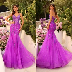 Pretty Mermaid Evening Dresses V Neckline Spaghetti Straps Sleeveless Vestidos For Woman Lace Appliques  Prom Party Gowns