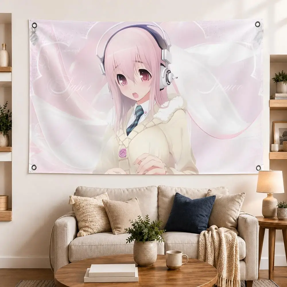 anime cute s-Super Sonico Flags Horizontal High Density Knitted Fabric European Simple For Durable Outdoor Indoor Use