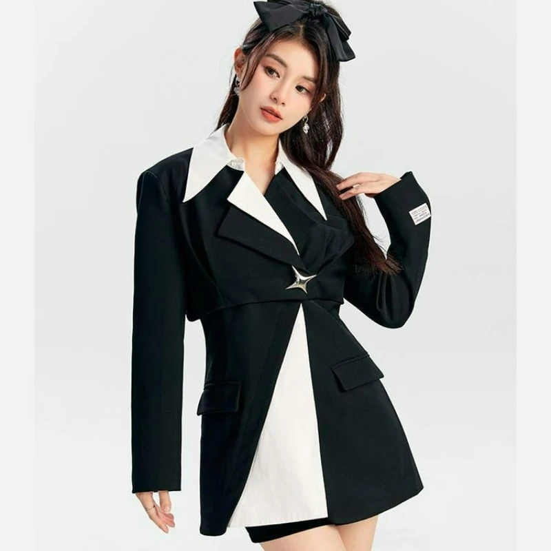 New Style High-End Office Wear Women's Korean Version Fashion Blazer with Color Block and Patchwork Design 2026 Spring Autumn