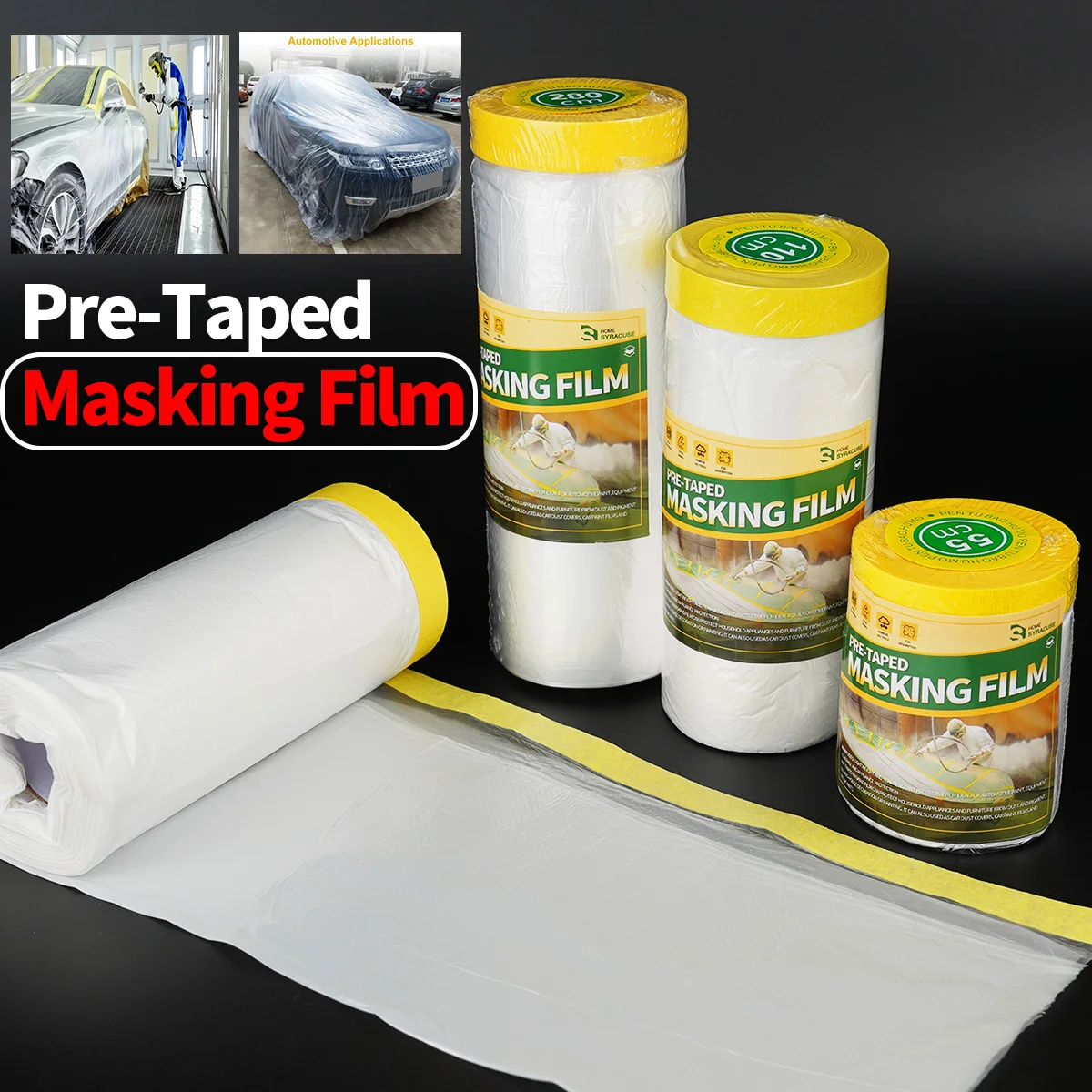 Pre-Taped Masking Film, Paint Adhesive Protective Film Roll for Covering Skirting, Frames, Cars and Auto Body