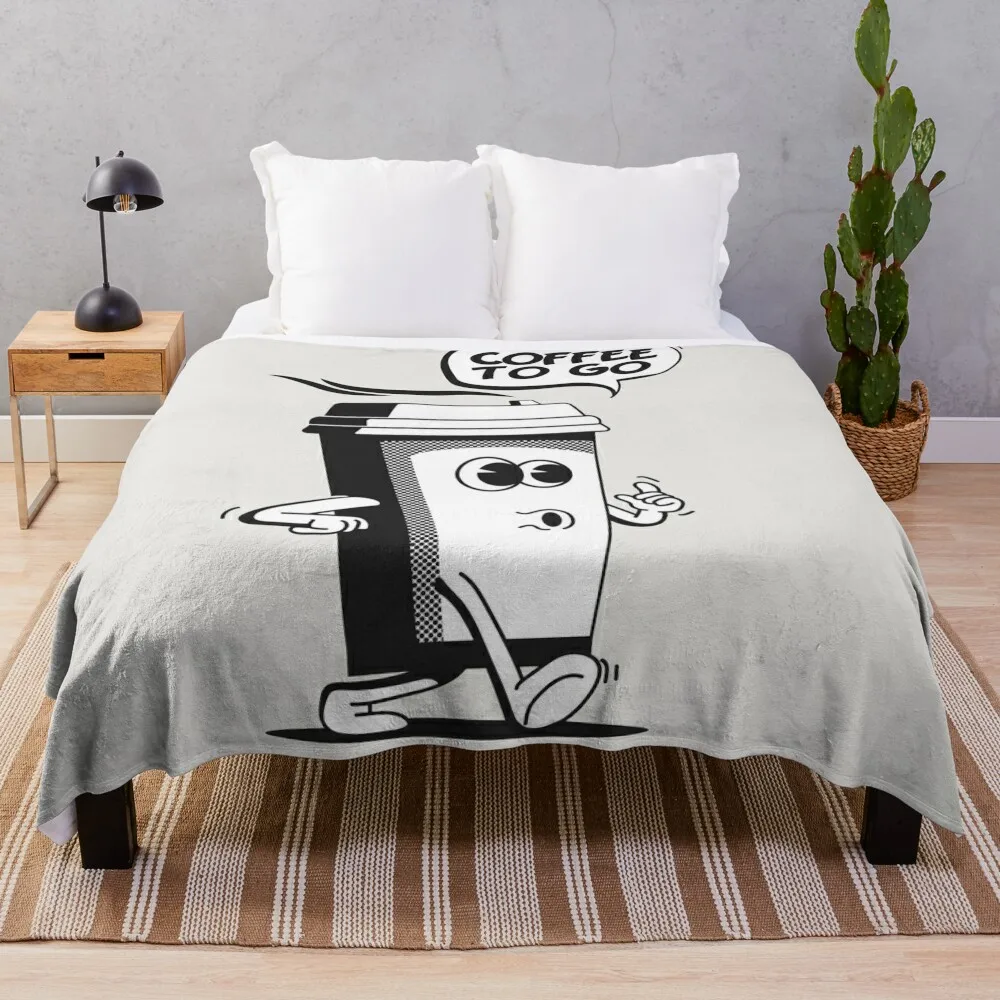 Coffee Go Take Away Concept with Vintage Walking Cartoon Paper Coffee Cup Character Throw Blanket Baby decorative Blankets