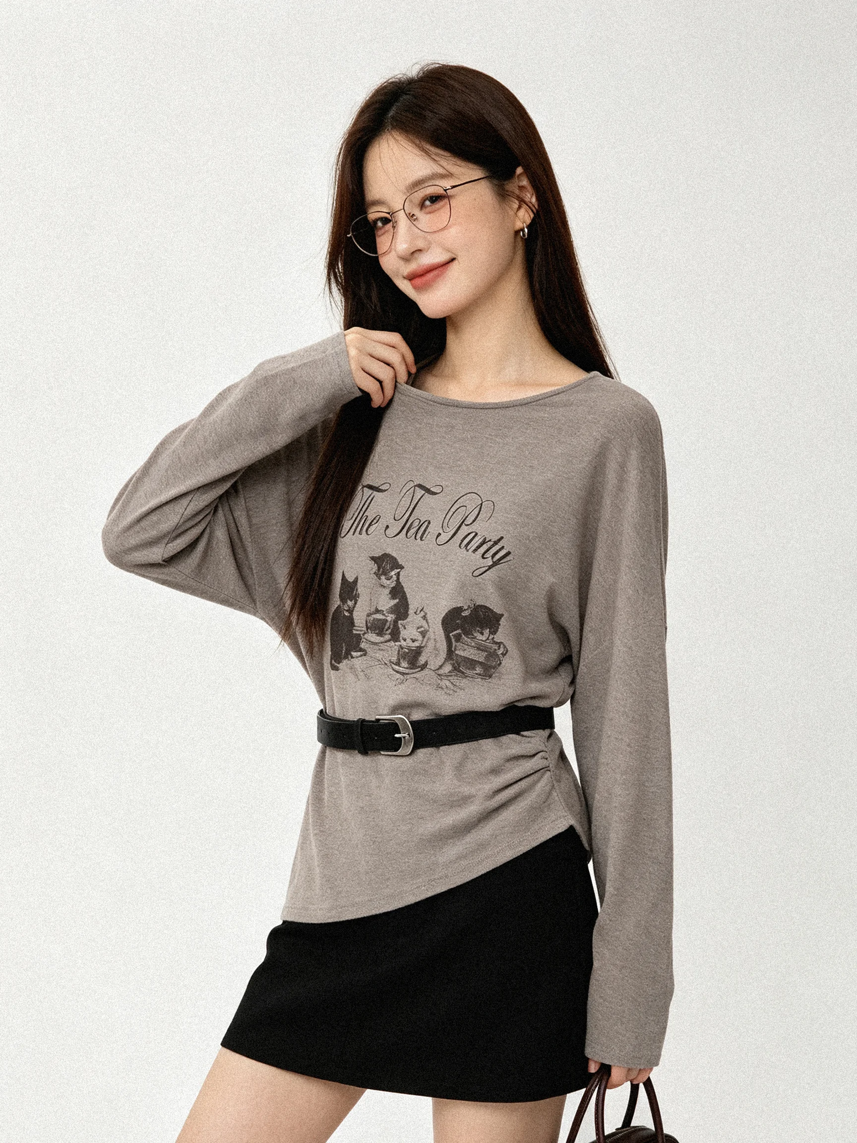 Soft Knitted Long Sleeve T-Shirt American Lazy Style Autumn  Print Base Shirt Slimming Waist Design Korean Standard Fit T-...