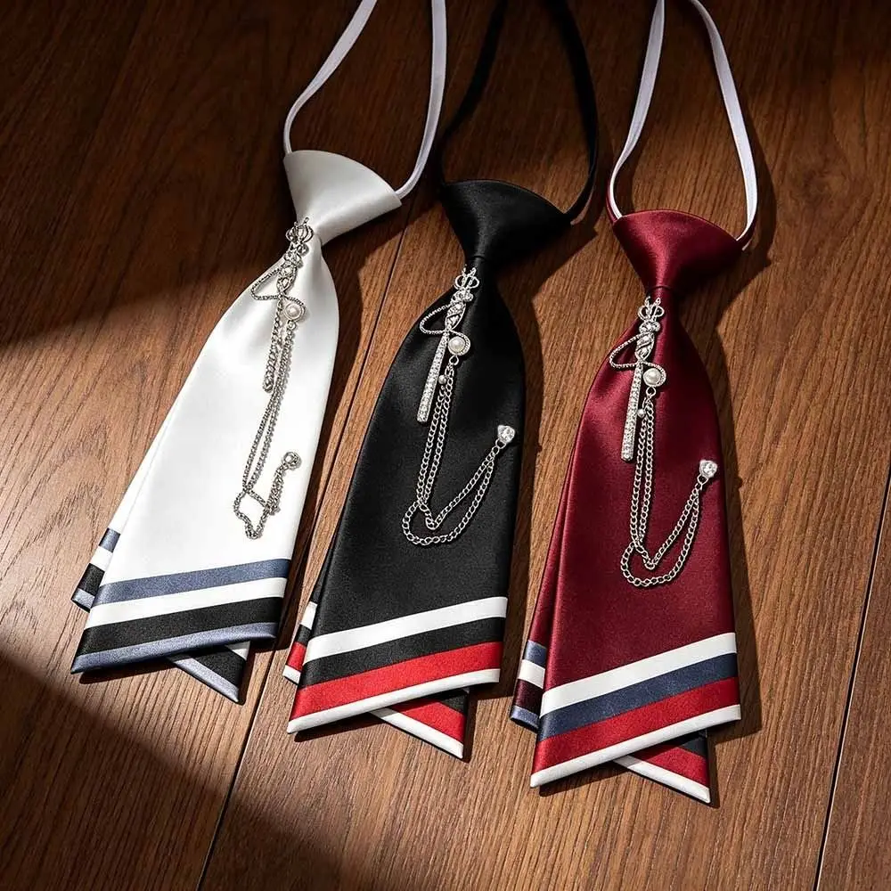 Vintage Double-Layer Adjustable Ties No-Sew Pre-Tied Necktie Rhinestone Satin Neck Accessory JK Uniform Tie Daily Wear