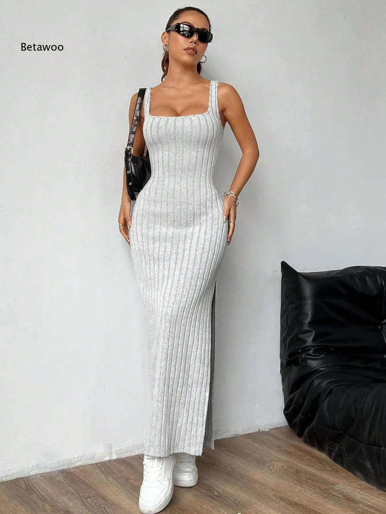 Y2K Street Style Sleeveless Square Neck Ribbed Maxi Dress Thin Strap High Side Slit Bodycon Long Skirt