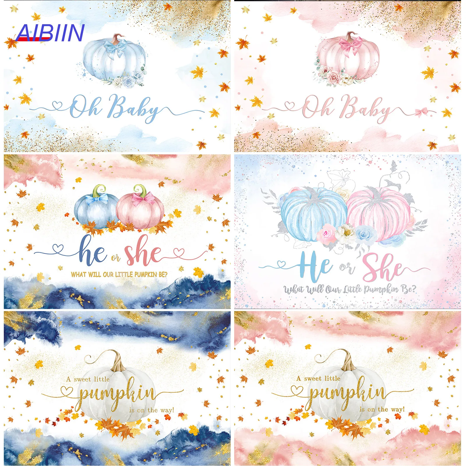 

AIBIIN Pumpkin Gender Reveal Backdrop Pastel Watercolor Blue Or Pink Baby Shower Party Decor Maple Leaf Photography Background