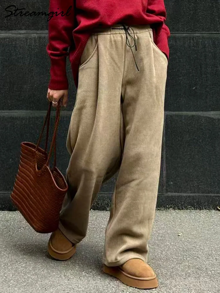Streamgirl Women Winter Corduroy Pants Dark Brown With Thick Warm Fleece Trousers Corduroy High Waist Loose Pants For Women