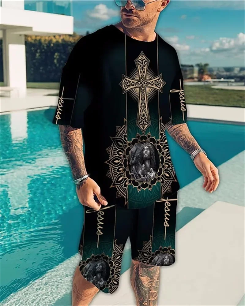 New T-Shirt Oversized Loose Summer Men\'s Clothes Retro Short Sleeve Fashion Black and White Face 3D Pattern Street Neck Top