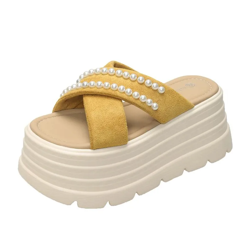 

8CM Summer Casual High Platform Sandals Women Buckle Strap Slippers Thick Bottom Pearl Sandalias Woman Chunky Beach Shoes Mujer