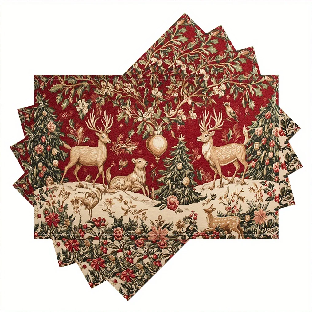 4pcs Set of Linen Medieval Bestiary Millefleurs Placemats, Red Green Floral Tapestry with Forest Animals, Square, Insulated