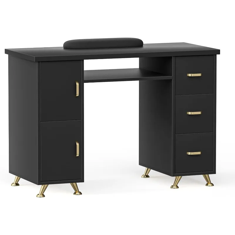 Manicure Table Nail Desk Station with Golden Handles Nail Tech Desk Acetone Resistant Table for Tech