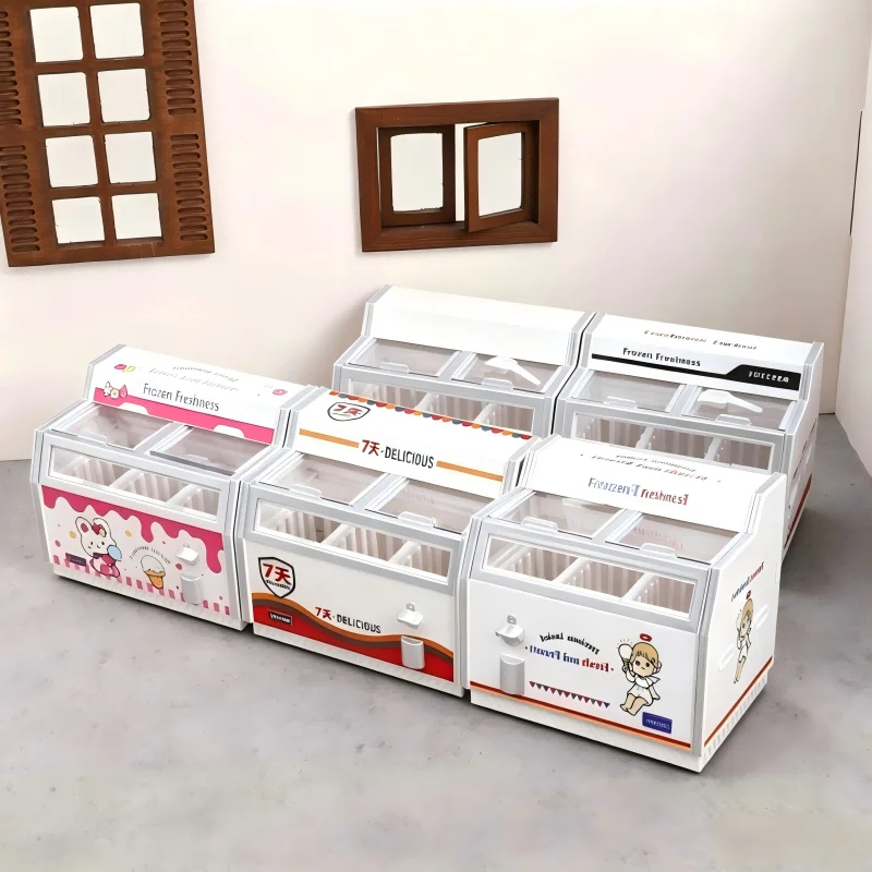 Frigorífico congelador horizontal casa de muñecas mini casa de juegos en miniatura gabinete de helados juguete ornamento simulación