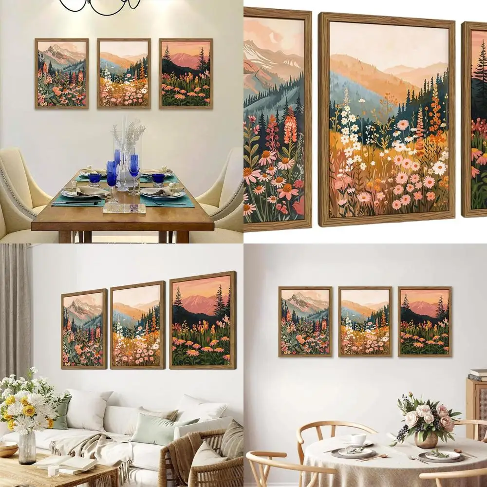 Arte de pared bohemio colorido: paisaje de montaña de flores silvestres, bosque floral vintage, impresiones en lienzo con marco de madera, 16x24 pulgadas para el hogar