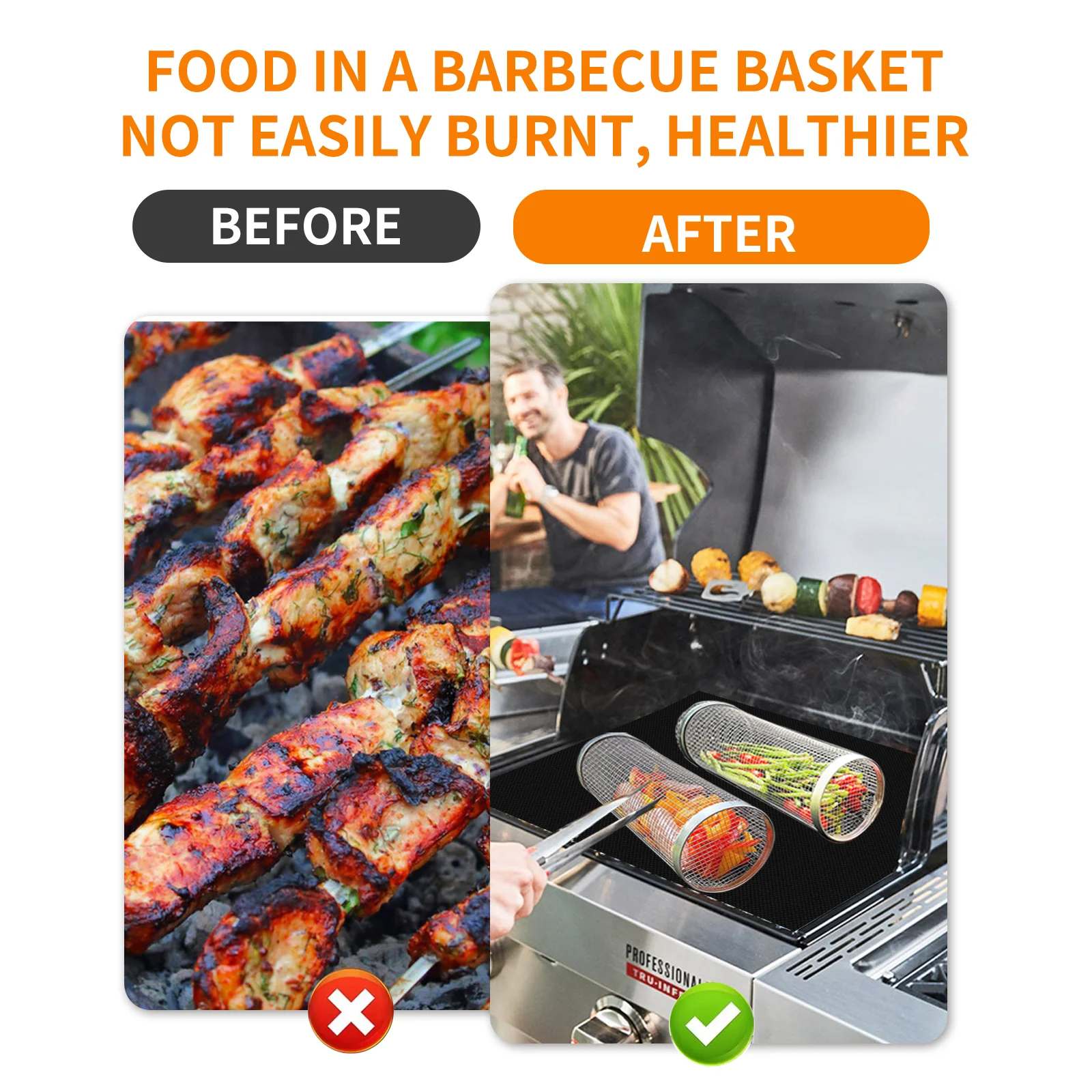 BBQ Rolling Basket – Rolling Grilling Baskets for Outdoor Grilling - Stainless Steel BBQ Grill Basket - BBQ Accessories for Outd image 2
