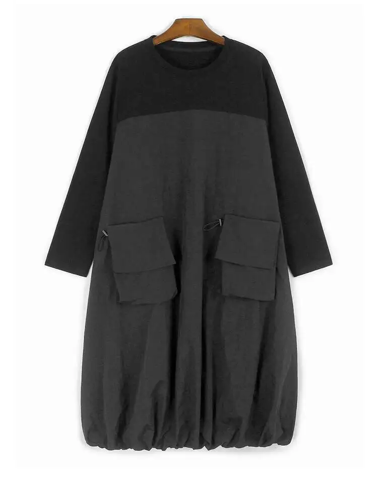 Women Green Pocket Color-block Big Size Midi Dress New Round Neck Long Sleeve Fashion Tide Spring Autumn