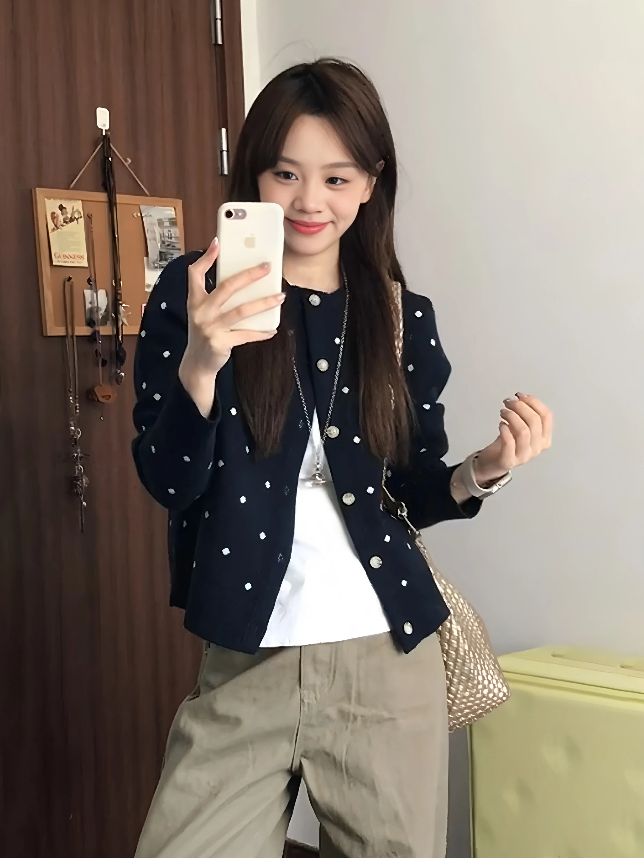 

Ретро-кардиган в горошек, вязаный, приталенный, в корейском стиле, весенний, с эффектом стройности, синий, теплый, для повседневной носки