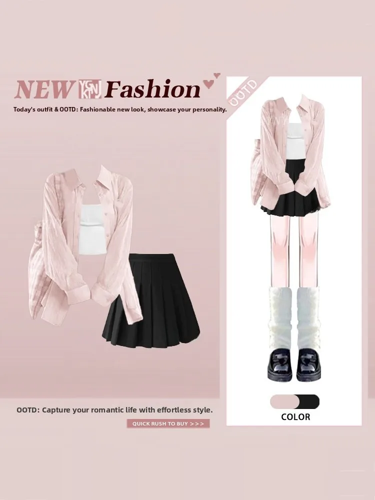 

Уютный женский весенний комплект: рубашка, юбка с высокой талией и плиссировкой, три предмета, длинный рукав, повседневный, модный