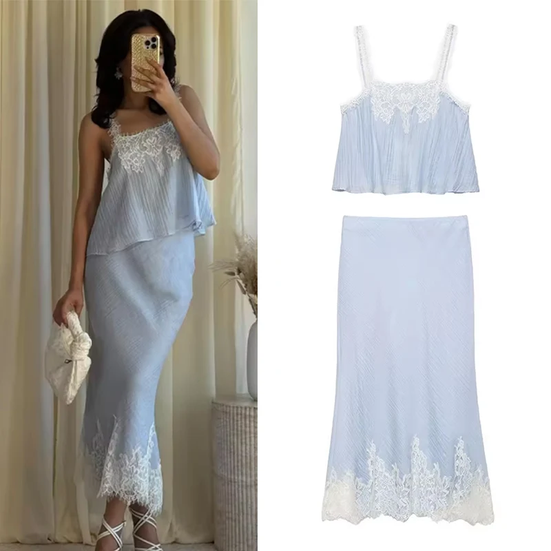 

Women's Set 2026 Spring Summer 2pcs Set Blue Lace Lingerie-style Crop Top and Midi Skirt Elegant Chic Personality Female Set