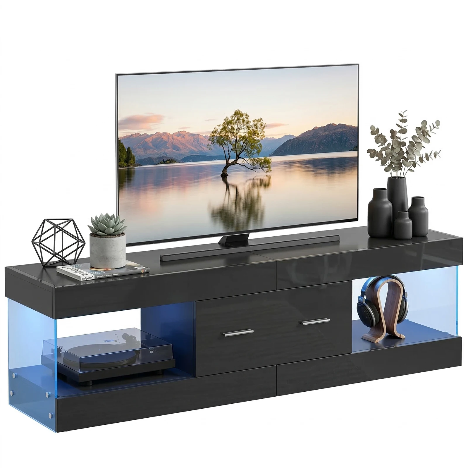 NOST&HOST Black TV Stand for 55/60/65 Inch TV, High Gloss Modern TV Stand with Stone-Patterned Side Panels, LED Entertainment Center