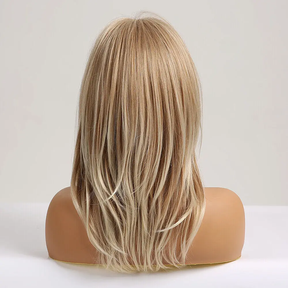 Middle Long Straight Synthetic Wigs Blonde Highlight Layered Wig with Side Bangs