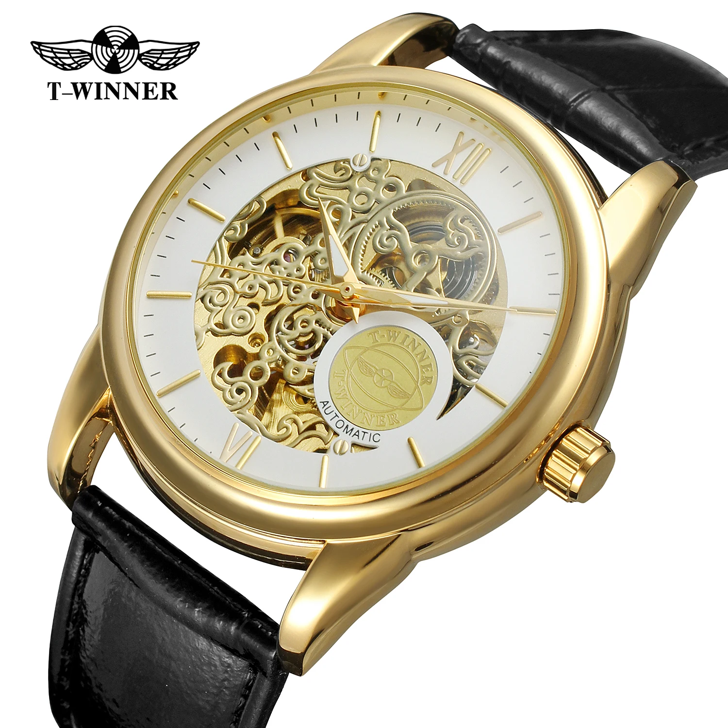 High Quality Winner Watch Official Mechanical Automatic Watches for men Leather Strap Vintage Bronze Wristwatch reloj hombre