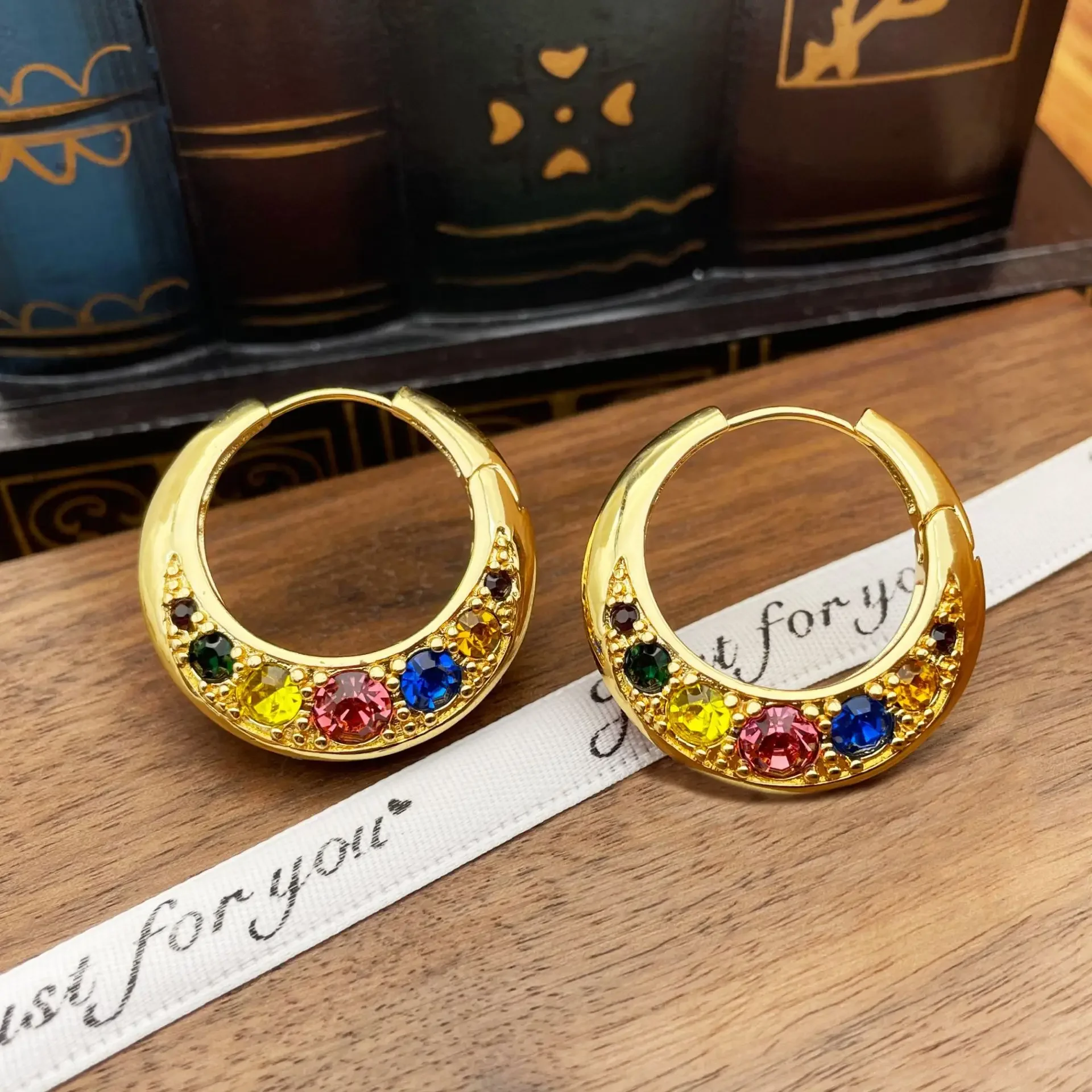 

Metal exaggerated inlaid colorful zircon big earrings, high-end earrings for women