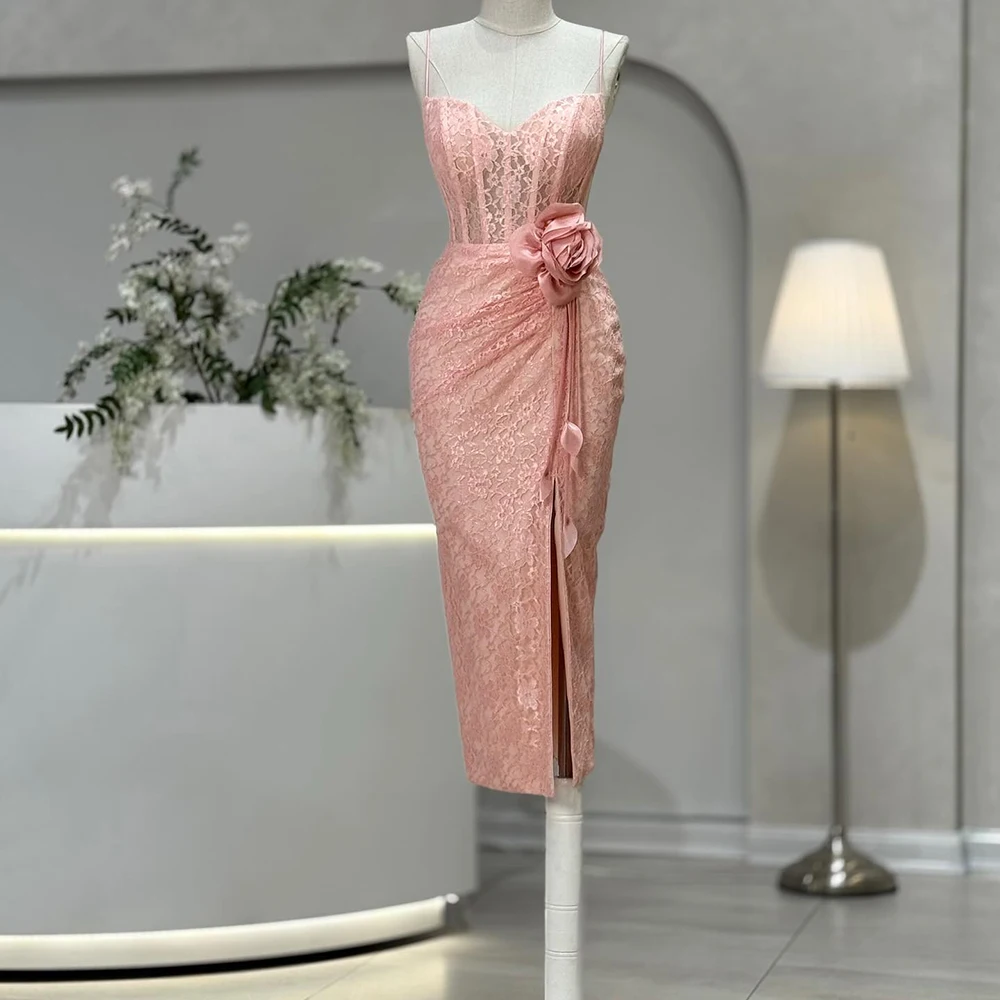 Vestidos de noite retos personalizados, comprimento chá, alça espaguete, sem mangas, vestido de baile, moda flor, renda, costas nuas, vestido de festa