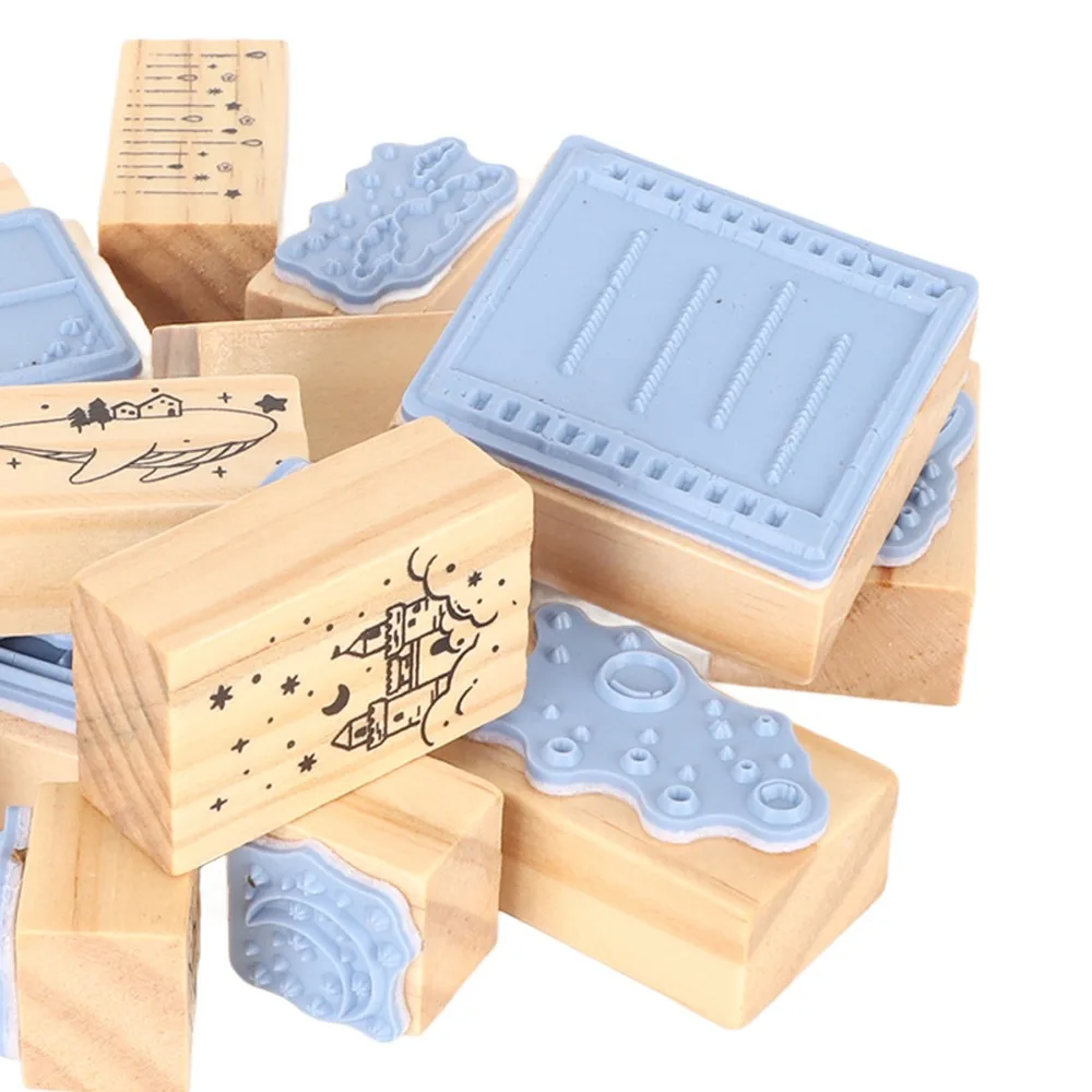 16pcs Clear Imprint Wooden Rubber Stamp Set Moon Cloud Scenery Delicate Carving Decorative Wood Stamp Rectangle Stamp Set