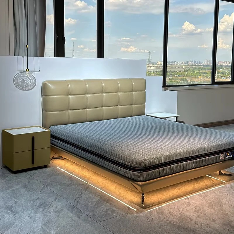 #Postmodern Luxury Reclining Double Sofa Bed Full XL High Quality Wood Panel Frame Genuine Leather Upholstery Pine Steel Comfort