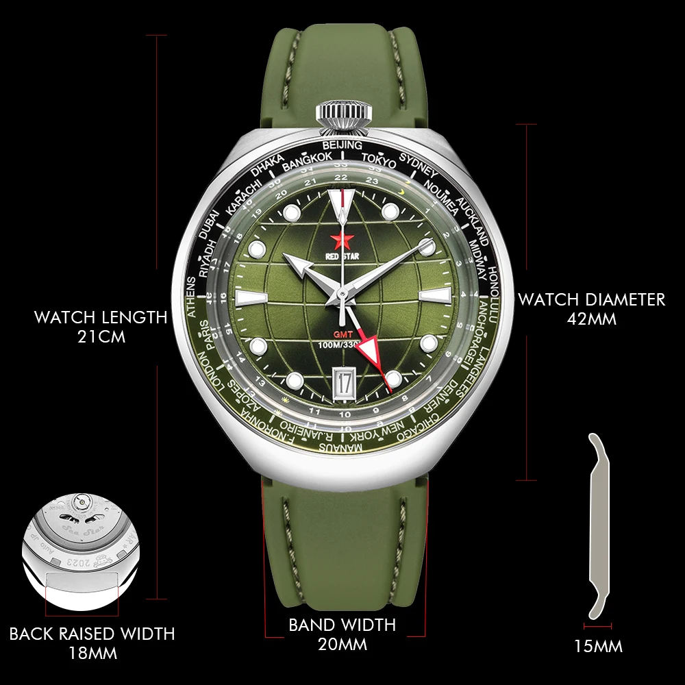 RED STAR 42mm New BullHead 100m Diving Automatic Mechanical Watches Calendar Luminous Double Domed Mineral Glass NH34 Wristwatch