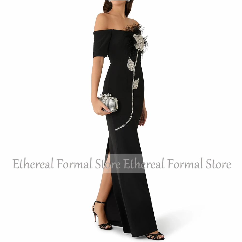Modern Black Evening Gown For Women Sheath Formal Party Dress Floor Length Saudi Dress Beading Prom Dress With Feather