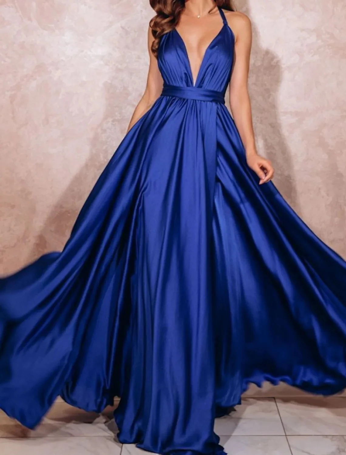 

New Royal Blue Evening Dresses V Neck Sleeveless Open Back Satin Prom Party Gowns Vestidos Festa Robe De Soirée