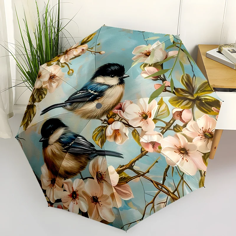 Bird Theme Design Folding Umbrella - Fashionable Auto-Open Design 8 Iron Ribs Plastic Handle Foldable Sunshade，Perfect Gifts
